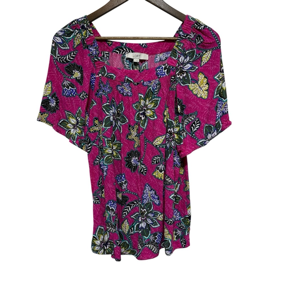 LOFT Blouse Womens L Bright Pink Colorful Floral Tropical Flutter Sleeve Flowy